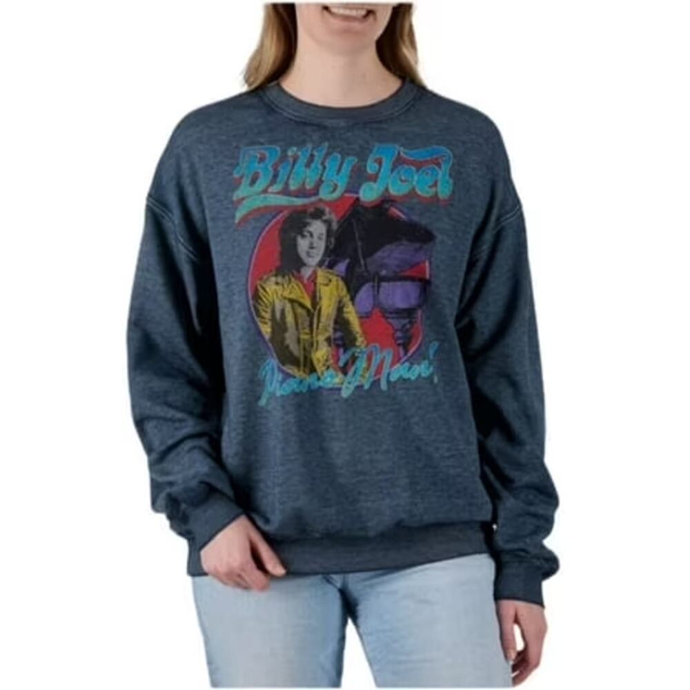 Billy Joel "Piano Man" Dropped Shoulder Fleece Graphic Sweatshirt Blue Large Nwt
